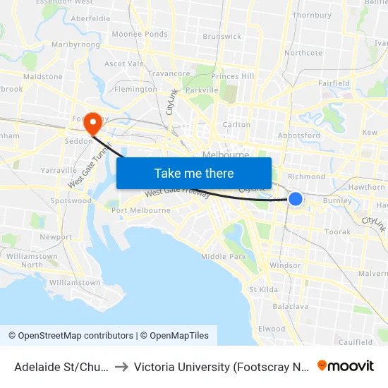 Adelaide St/Church St #55 to Victoria University (Footscray Nicholson Campus) map