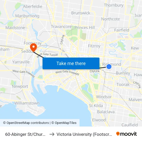 Abinger St/Church St #60 to Victoria University (Footscray Nicholson Campus) map