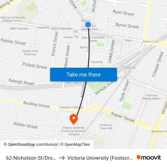 Nicholson St/Droop St #62 to Victoria University (Footscray Nicholson Campus) map