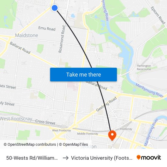 50-Wests Rd/Williamson Rd (Maribyrnong) to Victoria University (Footscray Nicholson Campus) map