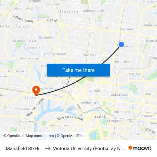 Mansfield St/High St #40 to Victoria University (Footscray Nicholson Campus) map