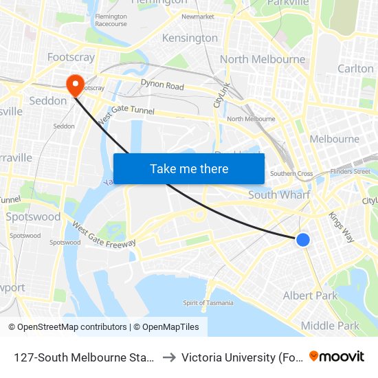 127-South Melbourne Station/Light Rail (South Melbourne) to Victoria University (Footscray Nicholson Campus) map