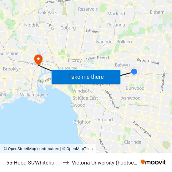 Hood St/Whitehorse Rd #55 to Victoria University (Footscray Nicholson Campus) map