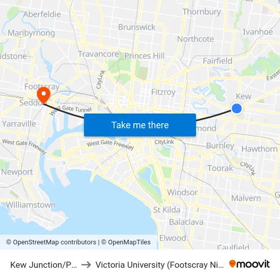 Kew Junction/Princess St to Victoria University (Footscray Nicholson Campus) map