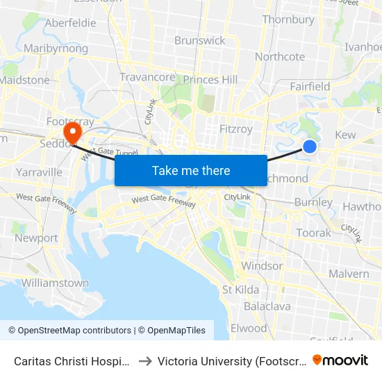 Caritas Christi Hospice/Studley Park Rd to Victoria University (Footscray Nicholson Campus) map