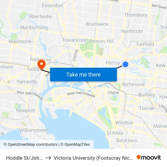 Hoddle St/Johnston St to Victoria University (Footscray Nicholson Campus) map