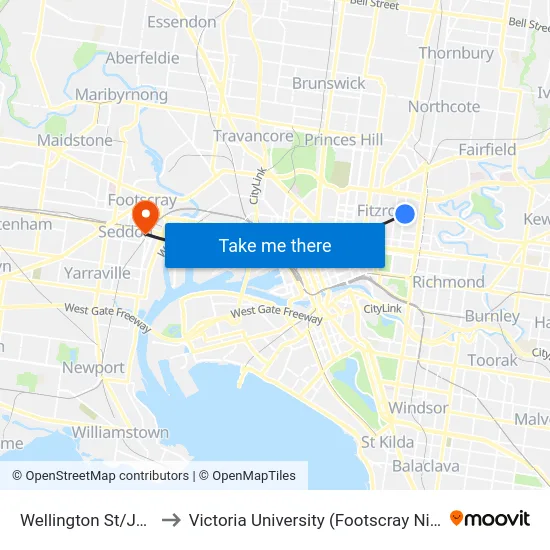 Wellington St/Johnston St to Victoria University (Footscray Nicholson Campus) map