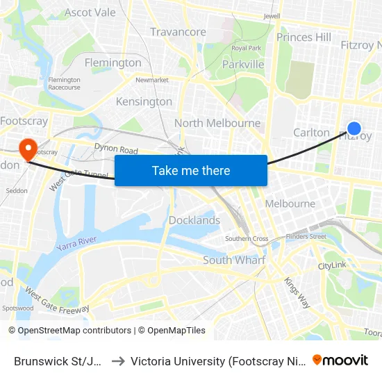Brunswick St/Johnston St to Victoria University (Footscray Nicholson Campus) map