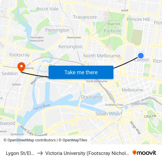 Lygon St/Elgin St to Victoria University (Footscray Nicholson Campus) map