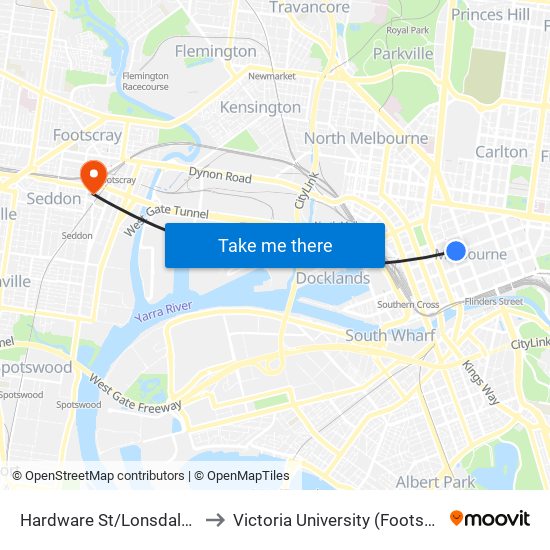 Hardware St/Lonsdale St (Melbourne City) to Victoria University (Footscray Nicholson Campus) map