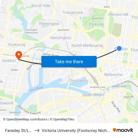 Faraday St/Lygon St to Victoria University (Footscray Nicholson Campus) map