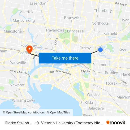 Clarke St/Johnston St to Victoria University (Footscray Nicholson Campus) map