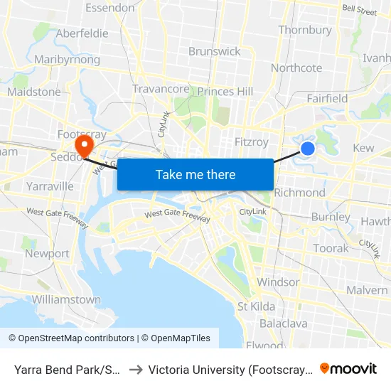 Yarra Bend Park/Studley Park Rd to Victoria University (Footscray Nicholson Campus) map
