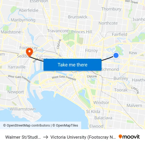 Walmer St/Studley Park Rd to Victoria University (Footscray Nicholson Campus) map
