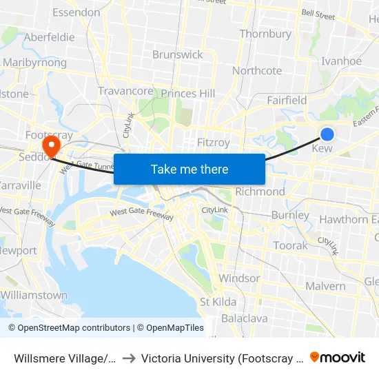 Willsmere Village/Willsmere Rd to Victoria University (Footscray Nicholson Campus) map