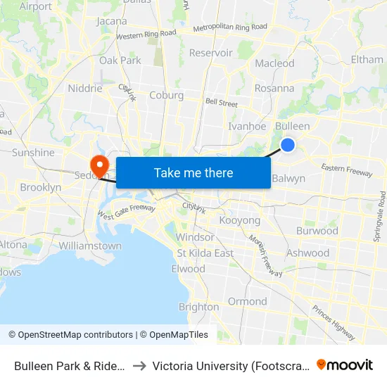 Bulleen Park & Ride/Thompsons Rd to Victoria University (Footscray Nicholson Campus) map