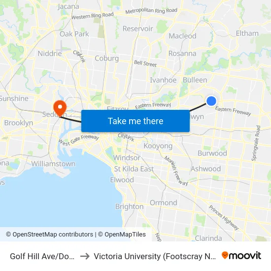 Golf Hill Ave/Doncaster Rd to Victoria University (Footscray Nicholson Campus) map