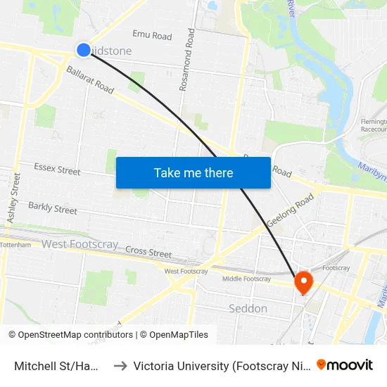 Mitchell St/Hampstead Rd to Victoria University (Footscray Nicholson Campus) map
