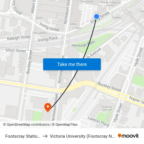 Footscray Station/Irving St to Victoria University (Footscray Nicholson Campus) map