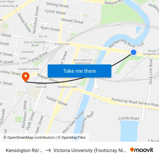 Kensington Rd/Dynon Rd to Victoria University (Footscray Nicholson Campus) map