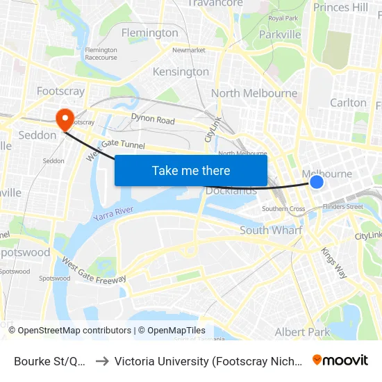 Bourke St/Queen St to Victoria University (Footscray Nicholson Campus) map