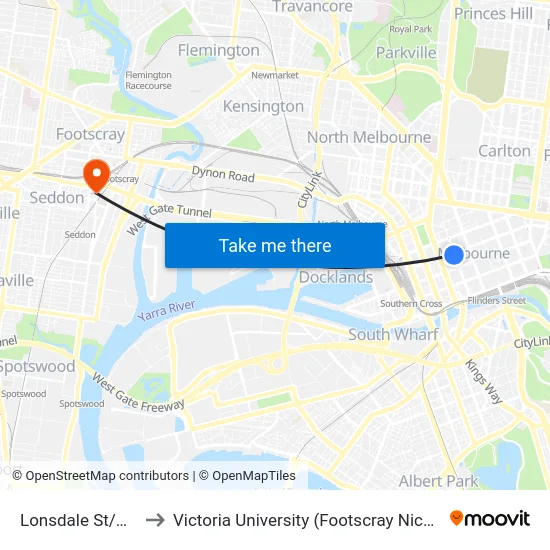 Lonsdale St/Queen St to Victoria University (Footscray Nicholson Campus) map