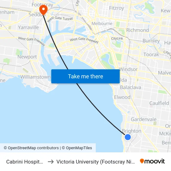 Cabrini Hospital/New St to Victoria University (Footscray Nicholson Campus) map