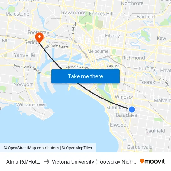 Alma Rd/Hotham St to Victoria University (Footscray Nicholson Campus) map