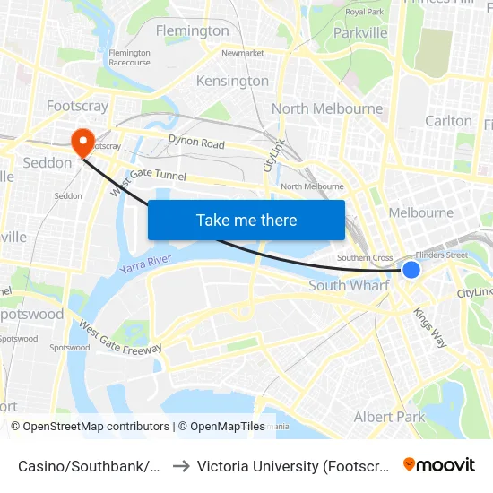 Casino/Southbank/Queens Bridge St to Victoria University (Footscray Nicholson Campus) map