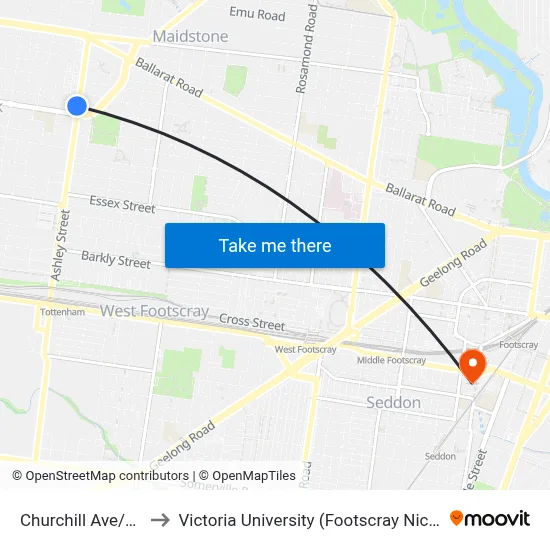 Churchill Ave/Ashley St to Victoria University (Footscray Nicholson Campus) map