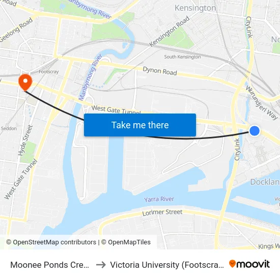 Moonee Ponds Creek/Footscray Rd to Victoria University (Footscray Nicholson Campus) map