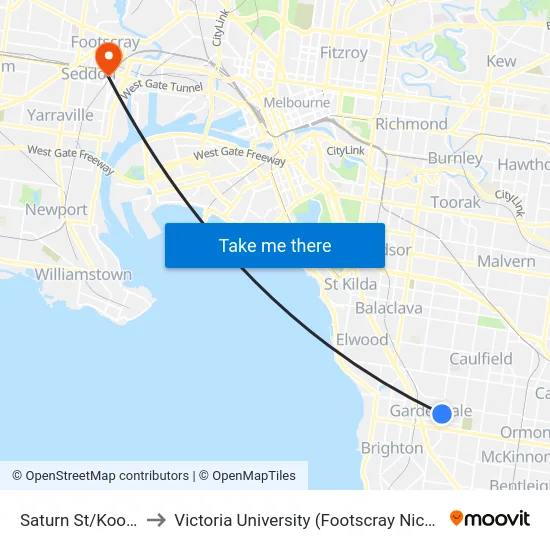 Saturn St/Kooyong Rd to Victoria University (Footscray Nicholson Campus) map