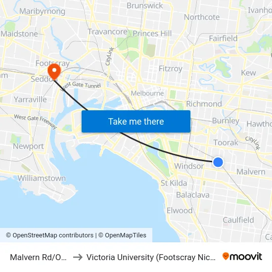 Malvern Rd/Orrong Rd to Victoria University (Footscray Nicholson Campus) map