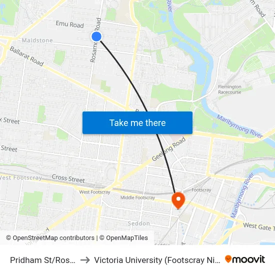 Pridham St/Rosamond Rd to Victoria University (Footscray Nicholson Campus) map