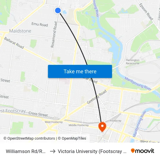 Williamson Rd/Rosamond Rd to Victoria University (Footscray Nicholson Campus) map