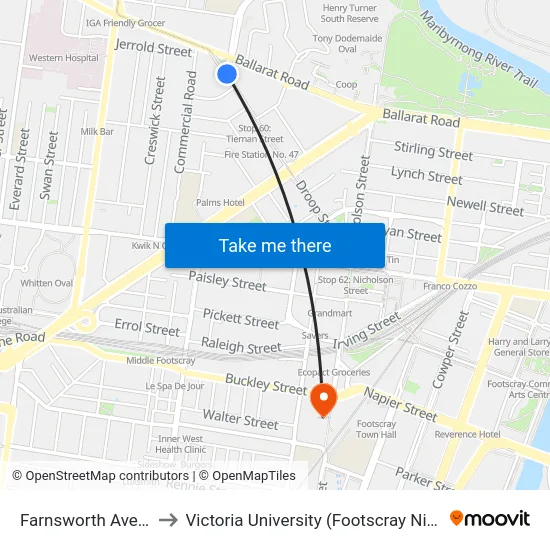 Farnsworth Ave/Droop St to Victoria University (Footscray Nicholson Campus) map