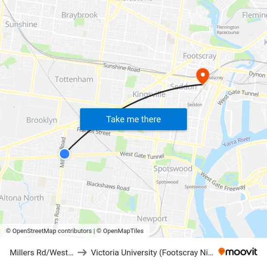 Millers Rd/West Gate Fwy to Victoria University (Footscray Nicholson Campus) map