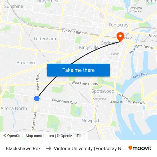 Blackshaws Rd/Millers Rd to Victoria University (Footscray Nicholson Campus) map