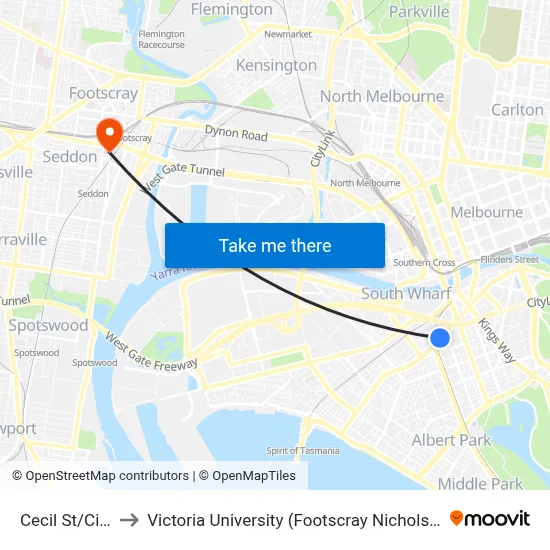 Cecil St/City Rd to Victoria University (Footscray Nicholson Campus) map