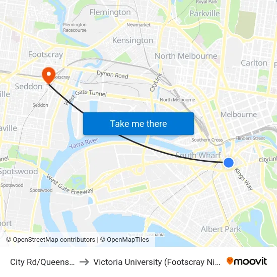 City Rd/Queens Bridge St to Victoria University (Footscray Nicholson Campus) map
