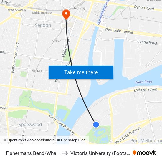 Fishermans Bend/Wharf Rd (Port Melbourne) to Victoria University (Footscray Nicholson Campus) map