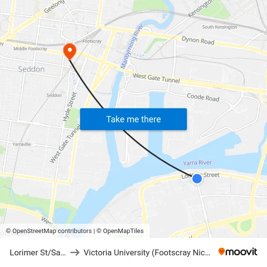 Lorimer St/Salmon St to Victoria University (Footscray Nicholson Campus) map