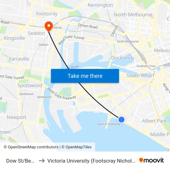 Dow St/Beach St to Victoria University (Footscray Nicholson Campus) map
