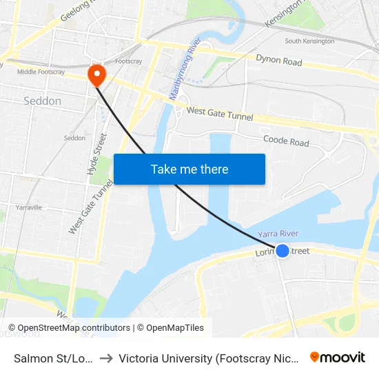 Salmon St/Lorimer St to Victoria University (Footscray Nicholson Campus) map