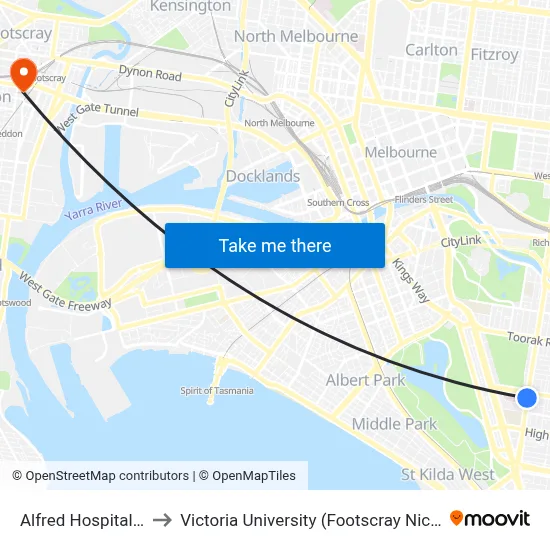 Alfred Hospital/Punt Rd to Victoria University (Footscray Nicholson Campus) map