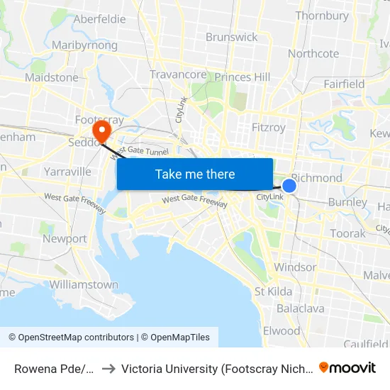 Rowena Pde/Punt Rd to Victoria University (Footscray Nicholson Campus) map