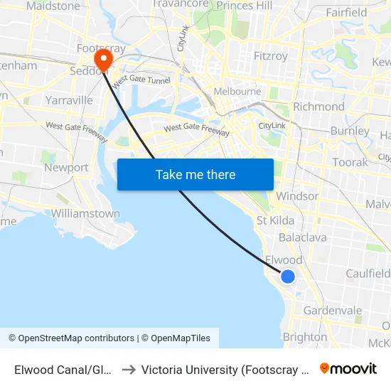 Elwood Canal/Glen Huntly Rd to Victoria University (Footscray Nicholson Campus) map