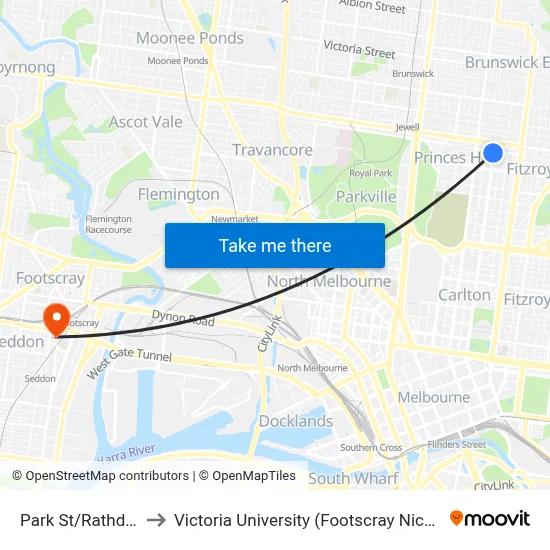 Park St/Rathdowne St to Victoria University (Footscray Nicholson Campus) map