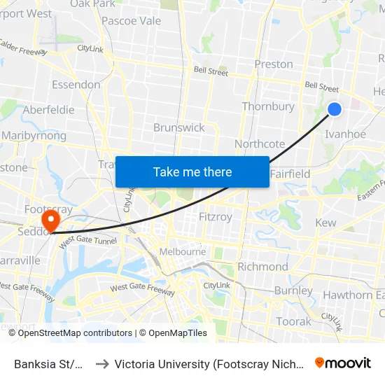 Banksia St/Oriel Rd to Victoria University (Footscray Nicholson Campus) map