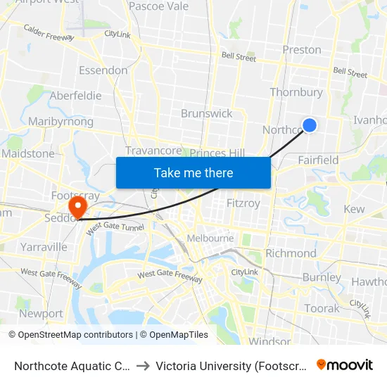 Northcote Aquatic Centre/Victoria Rd to Victoria University (Footscray Nicholson Campus) map